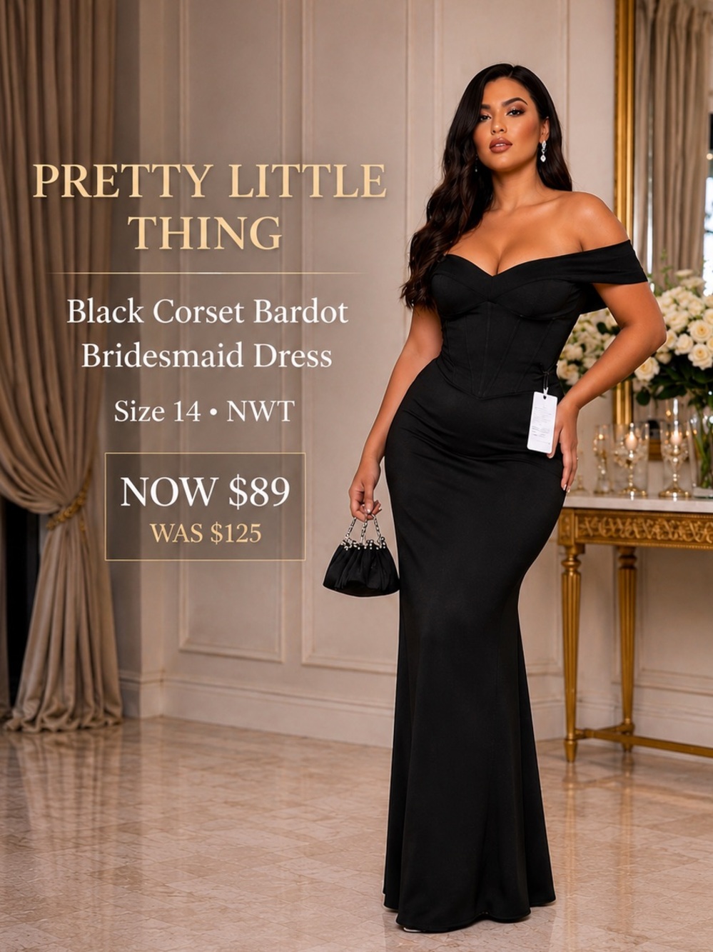 PrettyLittleThing Black Corset Off Shoulder Formal Bridesmaid Dress 14 NWT